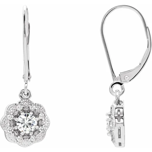 14K White 4 mm Round Forever One Moissanite & 1/8 CTW Diamond Earrings-