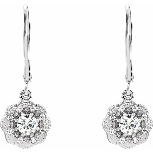 14K White 4 mm Round Forever One Moissanite & 1/8 CTW Diamond Earrings-