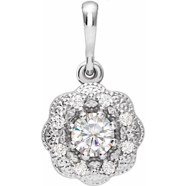 14K White 4 mm Round Forever One Moissanite & .06 CTW Diamond Pendant-