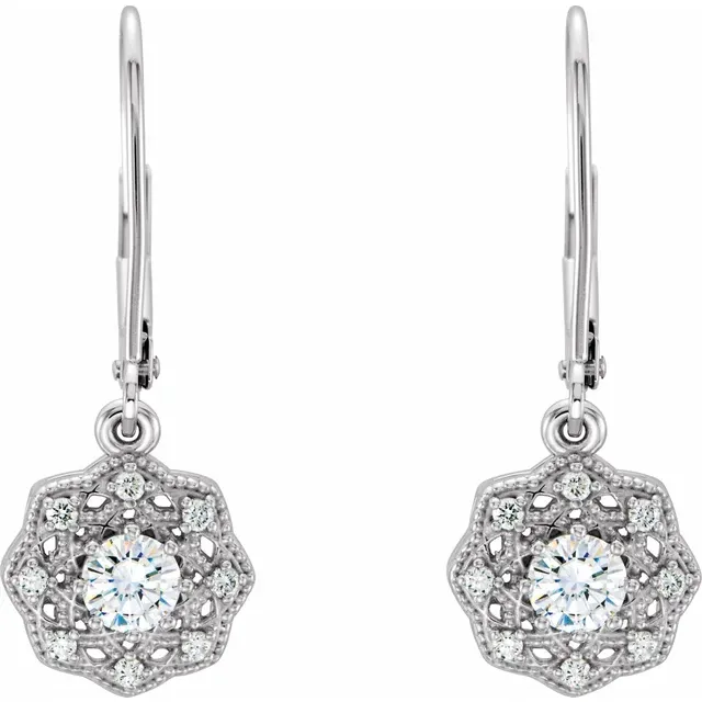 14K White 4 mm Round Forever One Moissanite & 1/8 CTW Diamond Earrings-