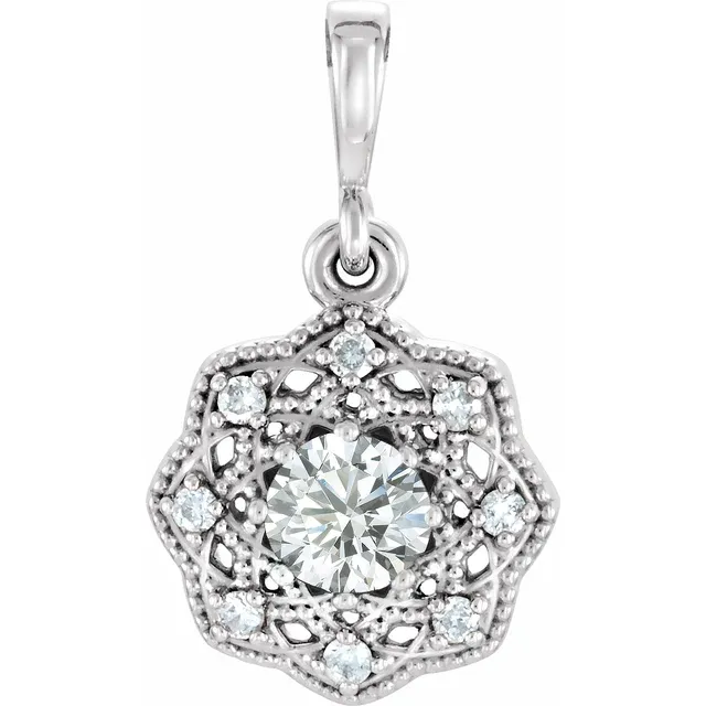 14K White 4 mm Round Forever One Moissanite & .06 CTW Diamond Pendant-