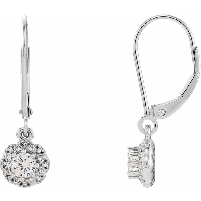 14K White 4 mm Round Forever One Moissanite & 1/8 CTW Diamond Earrings-