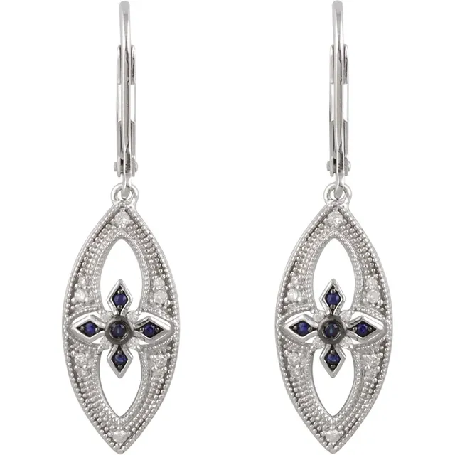 Sterling Silver Blue Sapphire & 1/6 CTW Diamond Lever Back Earrings-