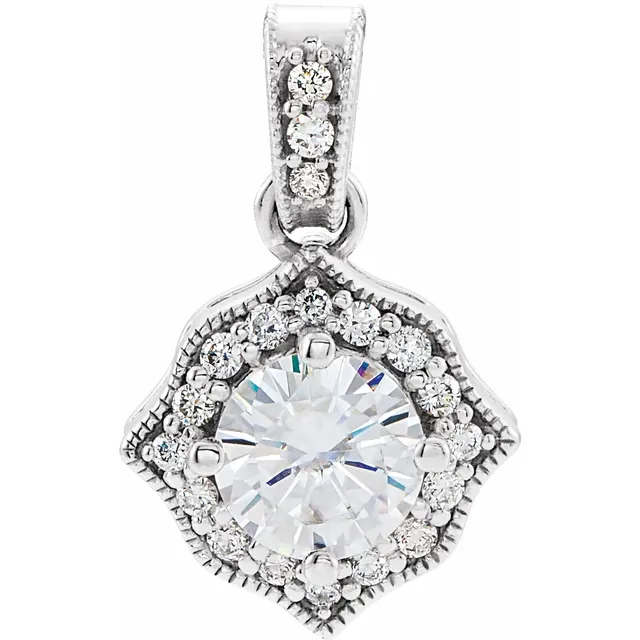 14K White Forever One Moissanite & 1/6 CTW Diamond Pendant-