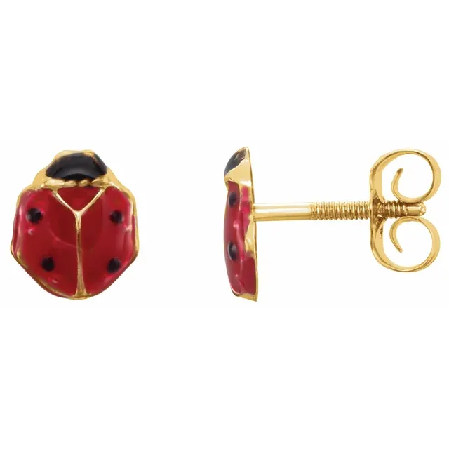 14K Yellow Red Enamel Ladybug Earrings-