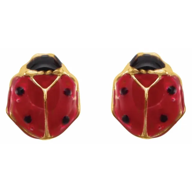 14K Yellow Red Enamel Ladybug Earrings-