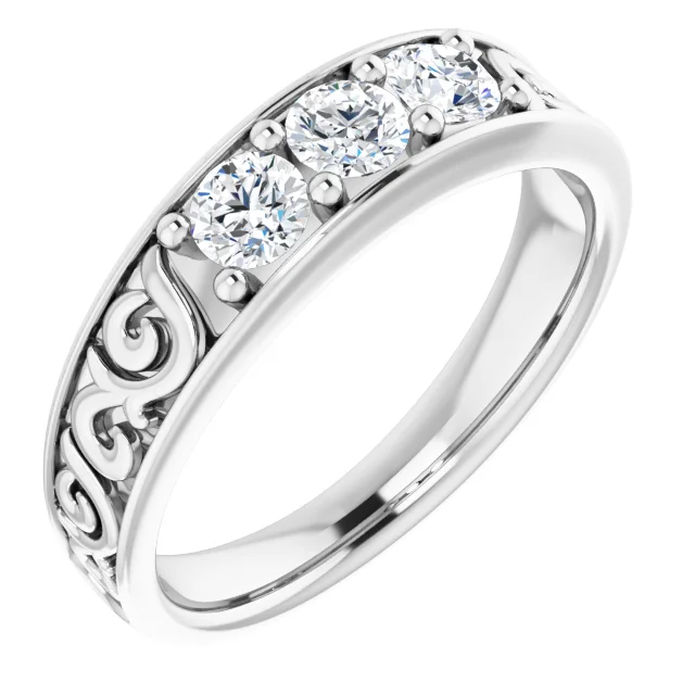 14K White 3/4 CTW Diamond Three-Stone Scroll Ring-