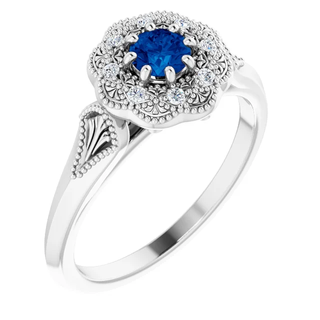 14K White Blue Sapphire & .6 CTW Diamond Ring Vintage-Inspired Halo-Style Ring