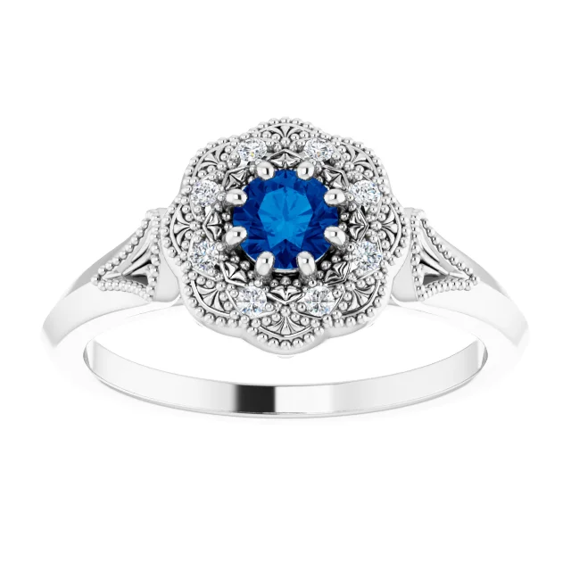 14K White Blue Sapphire & .6 CTW Diamond Ring Vintage-Inspired Halo-Style Ring