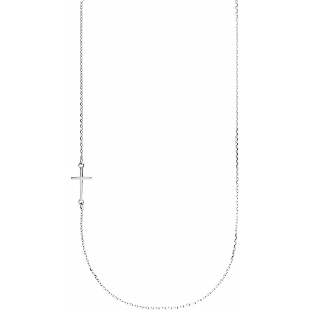 14K White Off-Center Sideways Cross 16" Necklace-