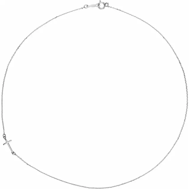 14K White Off-Center Sideways Cross 16" Necklace-