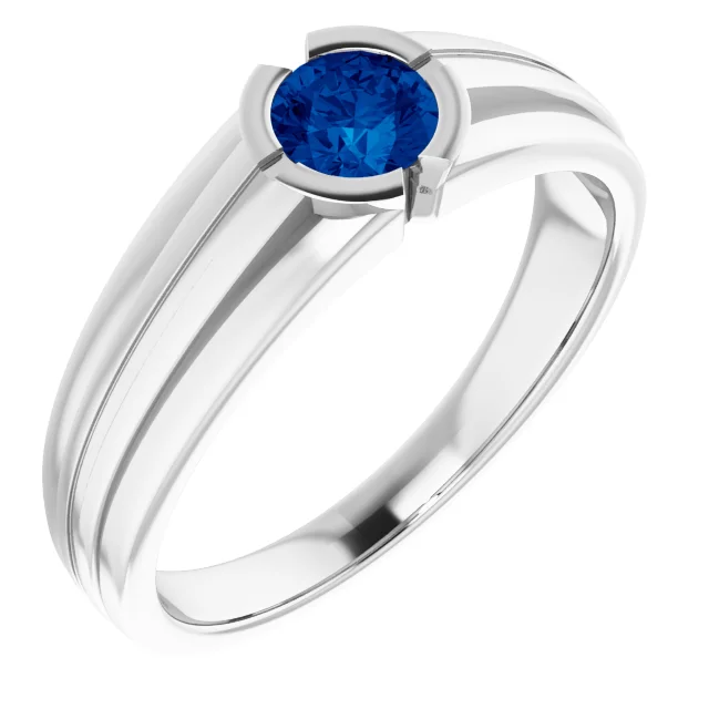 14K White Lab-Grown Blue Sapphire Ring-
