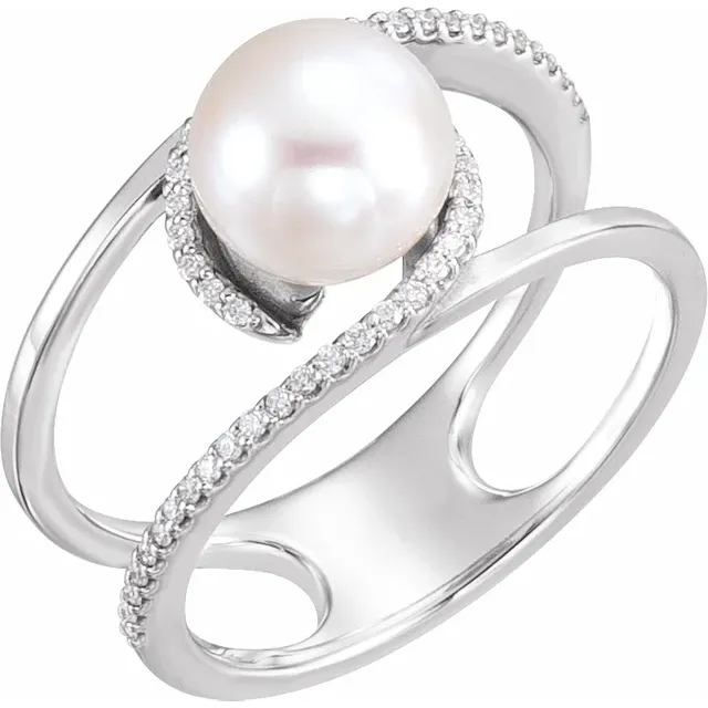 14K White Freshwater Cultured Pearl & 1/8 CTW Diamond Ring-