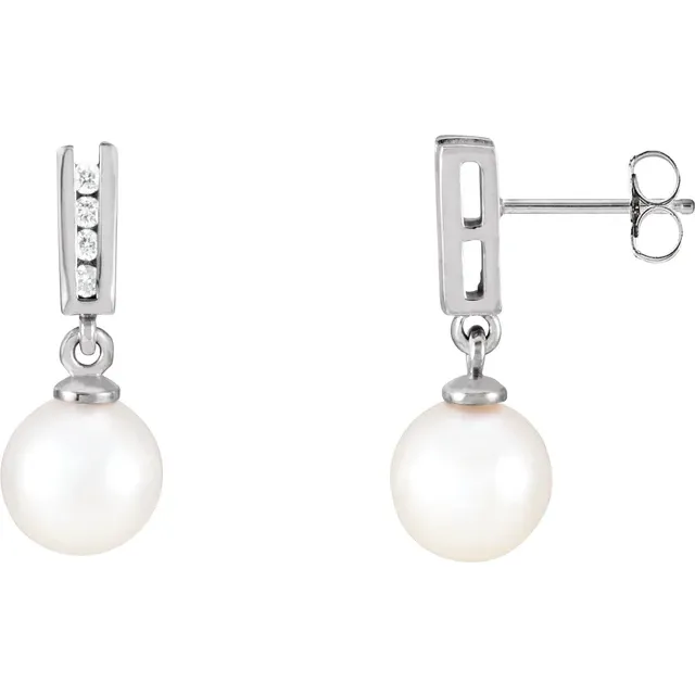 14K White Akoya Cultured Pearl & 1/8 CTW Diamond Earrings-