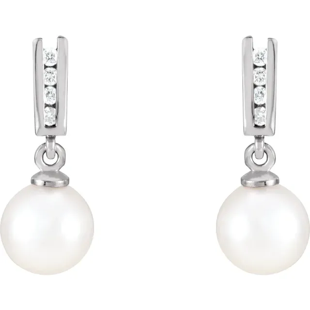 14K White Akoya Cultured Pearl & 1/8 CTW Diamond Earrings-