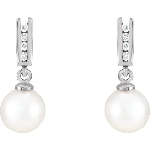 14K White Akoya Cultured Pearl & 1/8 CTW Diamond Earrings