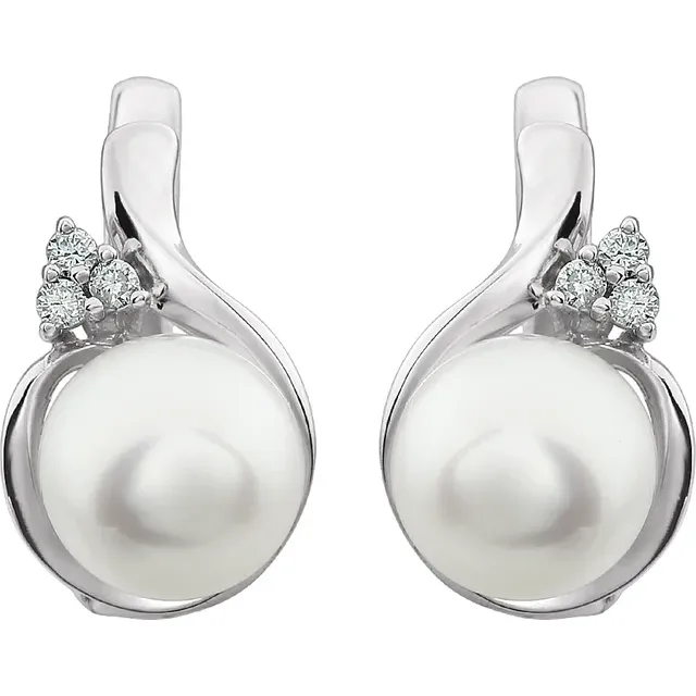 14K White 8-8.5 mm Freshwater Pearl & .08 CTW Diamond Earrings-