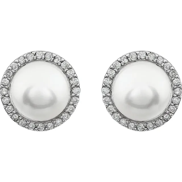 14K White 8-8.5 mm Freshwater Pearl & 1/4 CTW Diamond Earrings-