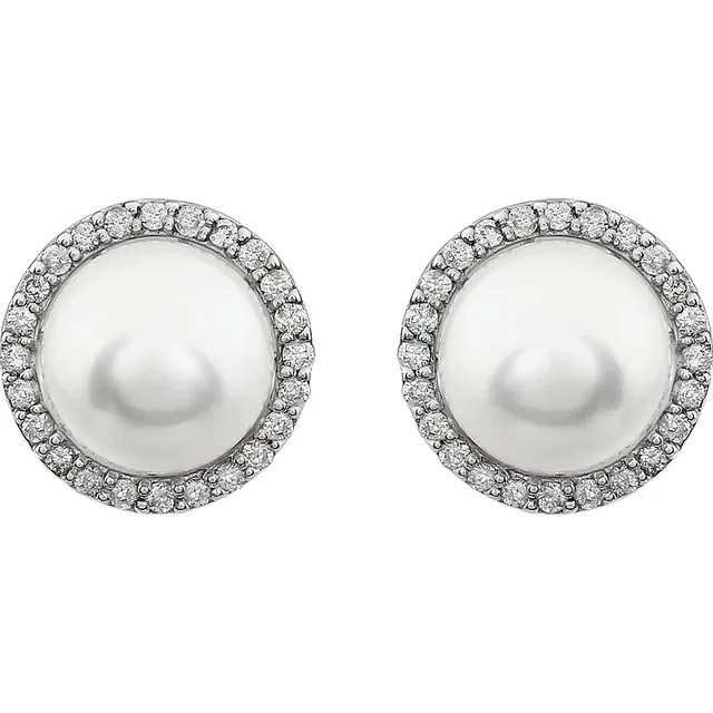 14K White 8-8.5 mm Freshwater Pearl & 1/4 CTW Diamond Earrings