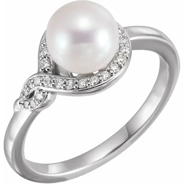 14K White Cultured Freshwater Pearl & 1/10 CTW Diamond Bypass Ring-