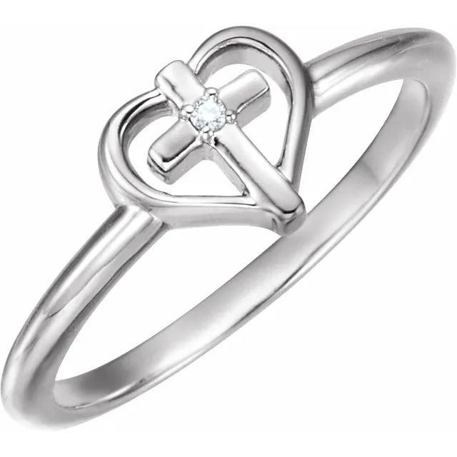 14K White .1 CT Diamond Cross with Heart Ring