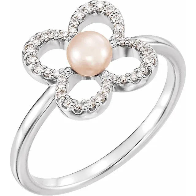 14K White Freshwater Cultured Pearl & 1/6 CTW Diamond Ring-