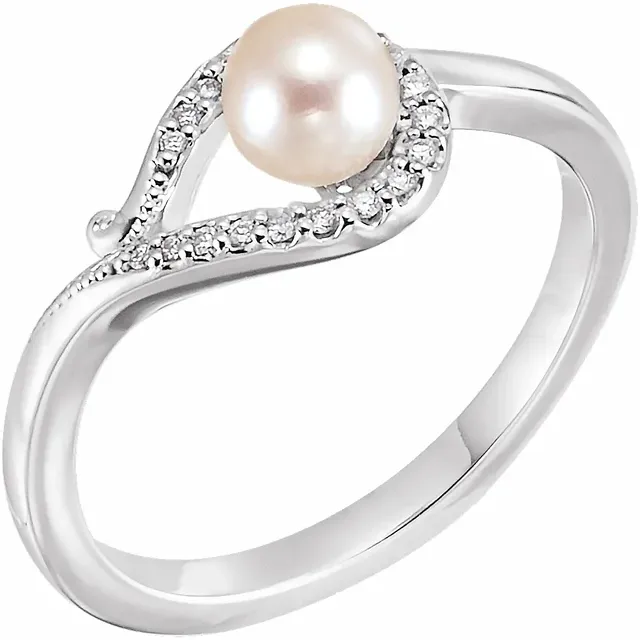 14K White Freshwater Cultured Pearl & .7 CTW Diamond Bypass Ring