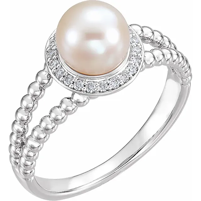 14K White Freshwater Cultured Pearl & .08 CTW Diamond Halo-Style Beaded Ring-