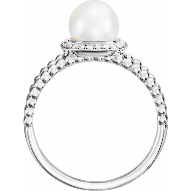14K White Freshwater Cultured Pearl & .08 CTW Diamond Halo-Style Beaded Ring-