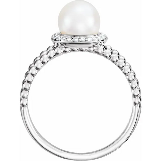 14K White Freshwater Cultured Pearl & .8 CTW Diamond Halo-Style Beaded Ring