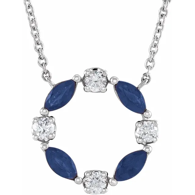 14K White Blue Sapphire & 1/10 CTW Diamond Circle 18" Necklace-