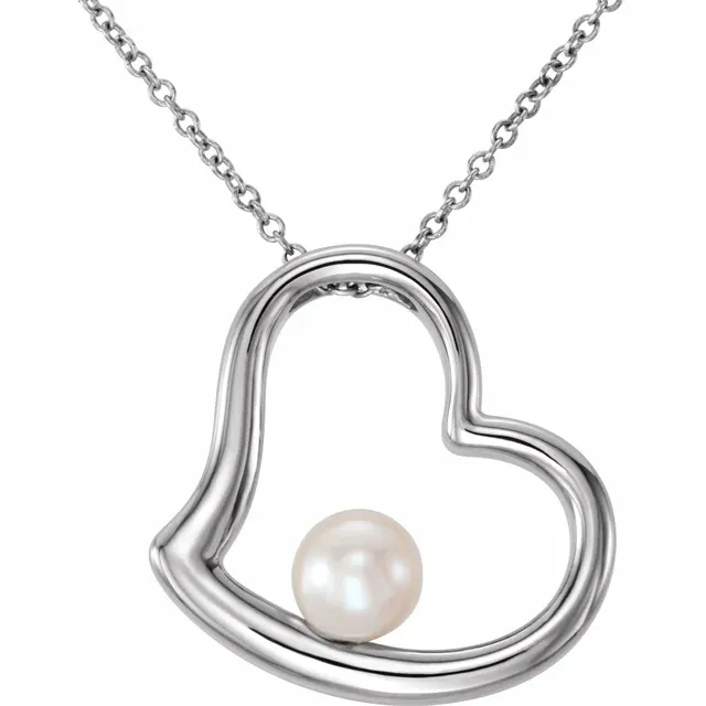 14K White Freshwater Cultured Pearl Heart 18" Necklace-