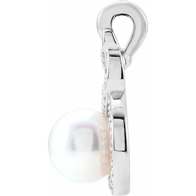 14K White Akoya Cultured Pearl & 1/10 CTW Diamond Pendant-
