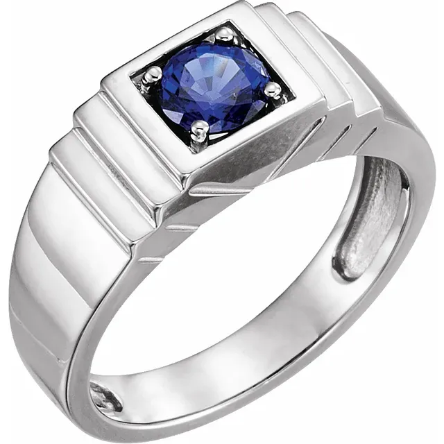 14K White Lab-Grown Blue Sapphire Ring-