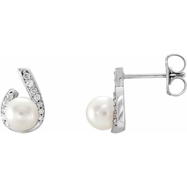 14K White Freshwater Pearl & 1/10 CTW Diamond Earrings-