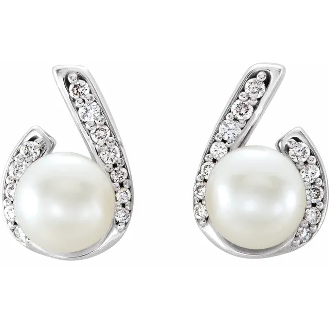 14K White Freshwater Pearl & 1/10 CTW Diamond Earrings-