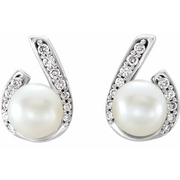 14K White  Freshwater Pearl & 1/1 CTW Diamond Earrings