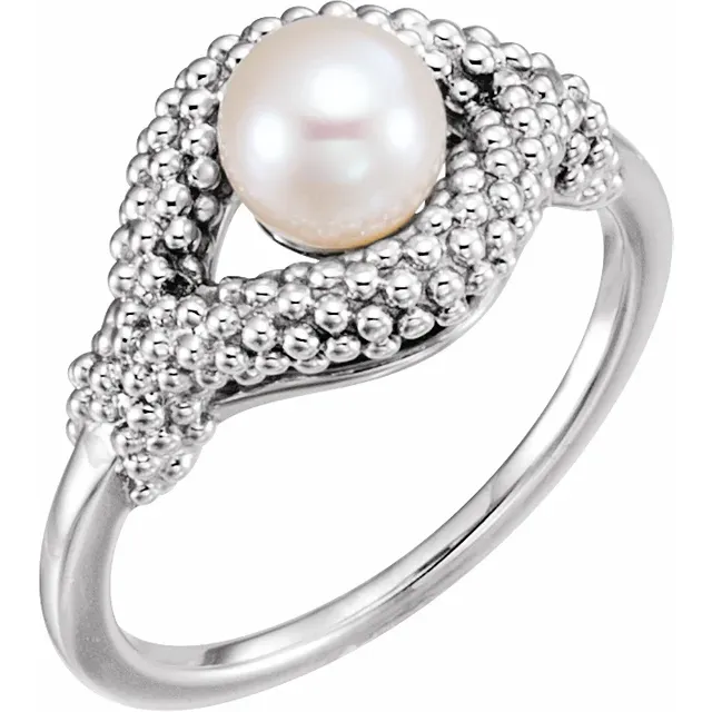 14K White Freshwater Cultured Pearl Beaded Ring-
