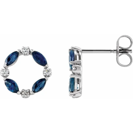 14K White Blue Sapphire & 1/1 CTW Diamond Circle Earrings