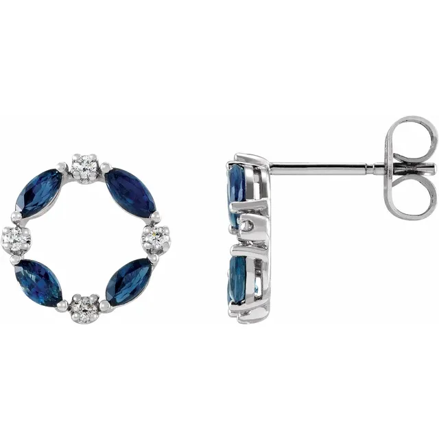 14K White Blue Sapphire & 1/10 CTW Diamond Circle Earrings-