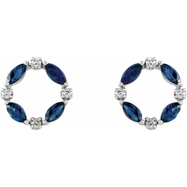 14K White Blue Sapphire & 1/10 CTW Diamond Circle Earrings-