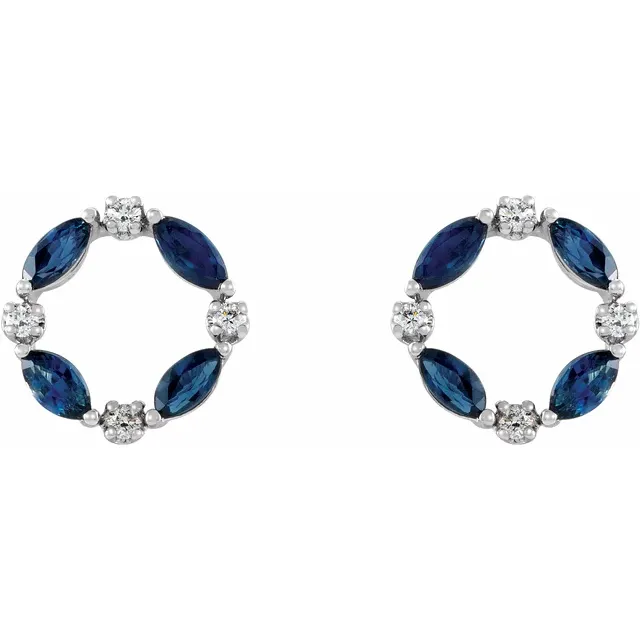 14K White Blue Sapphire & 1/1 CTW Diamond Circle Earrings