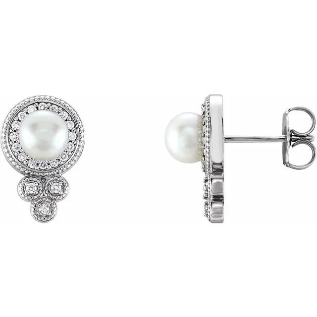 14K White Freshwater Pearl & 1/5 CTW Diamond Earrings-