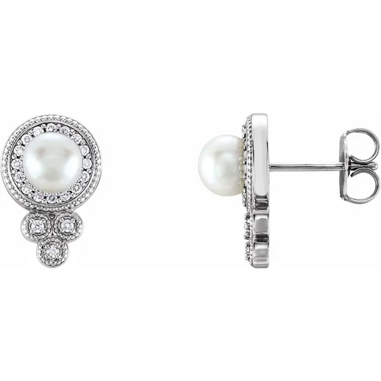 14K White Freshwater Pearl & 1/5 CTW Diamond Earrings