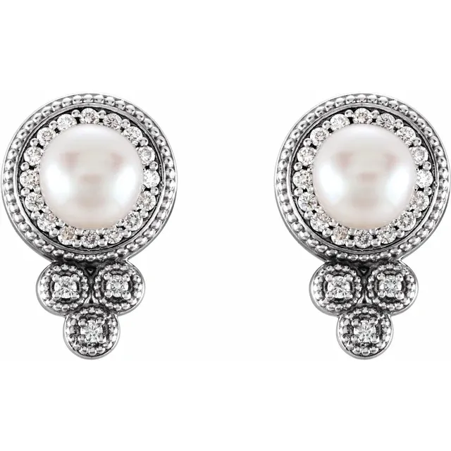 14K White Freshwater Pearl & 1/5 CTW Diamond Earrings-