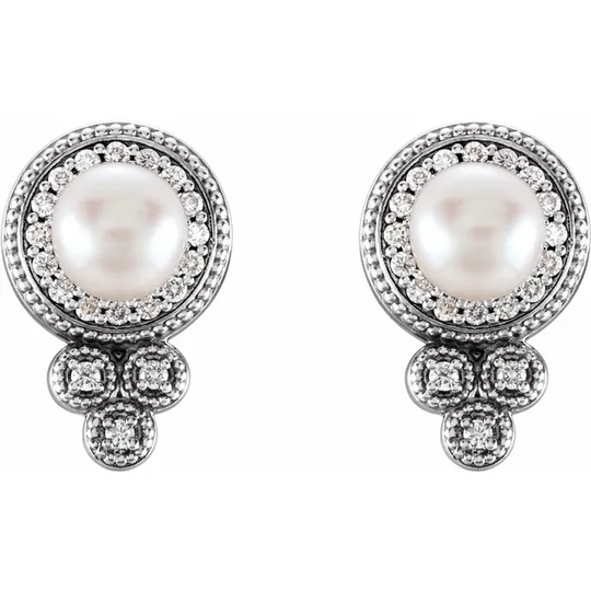 14K White Freshwater Pearl & 1/5 CTW Diamond Earrings