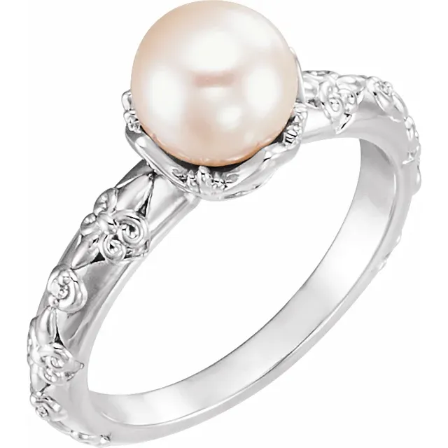 14K White Freshwater Cultured Pearl & .025 CTW Diamond Ring-