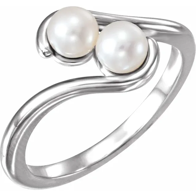 14K White Freshwater Cultured Pearl Two-Stone Ring-