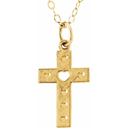 14K Yellow Pierced Heart Cross 15" Necklace
