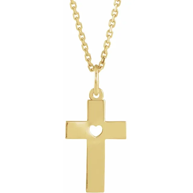14K Yellow Pierced Heart Cross 15" Necklace